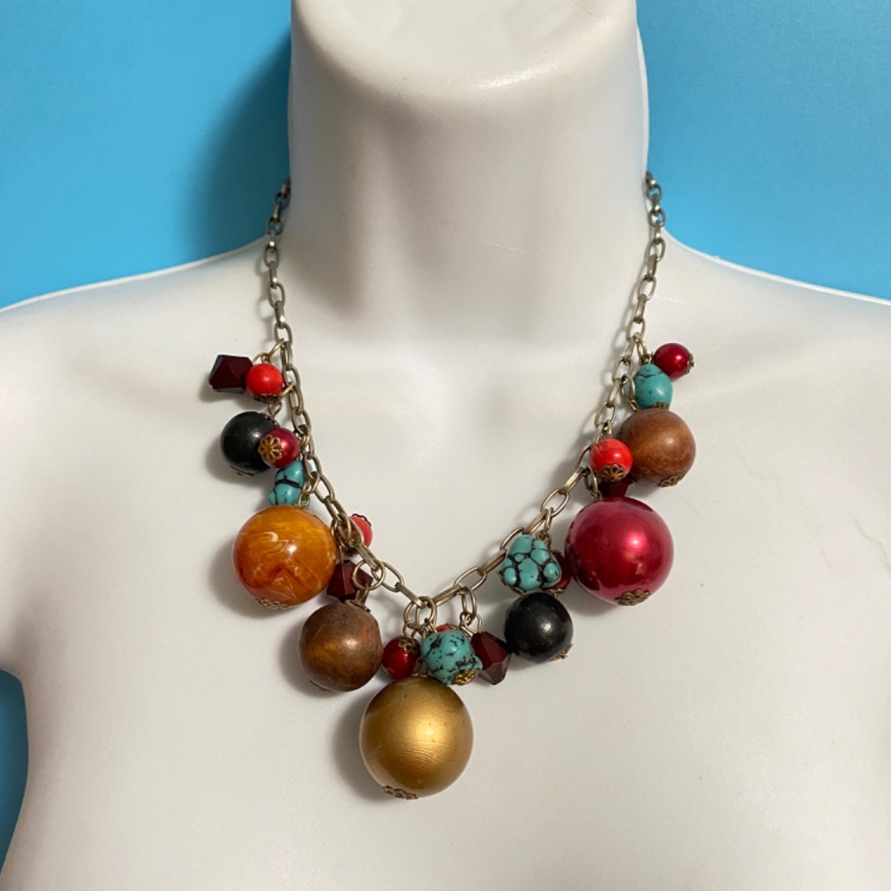 Boho Necklace Acrylic & Wood Beads Silver Tone